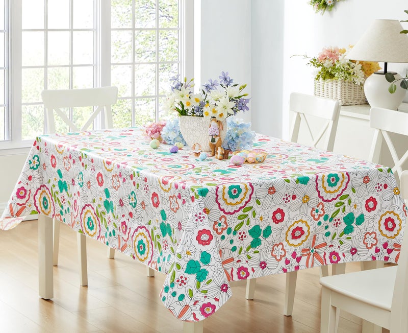 Newbridge Easter Shabby Chic Lily Print 52 x 52 Inch Square Vinyl Flannel Backed Tablecloth, Pink Yellow and Green Lily Indoor and Outdoor Waterproof Vinyl Table Cover for Spring Holiday Party - Image 1
